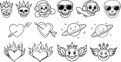 A funny cartoon skull and crossbones vector icon set showing cute animal faces and smiling characters