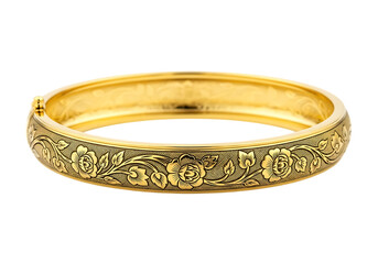 Vintage gold bangle bracelet with floral engraving isolated on transparent background