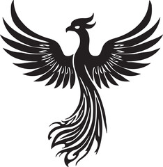 Stylized black phoenix bird silhouette with outstretched wings and flowing tail feathers on a white background