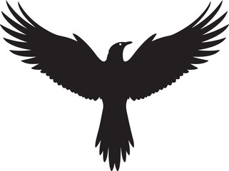 Silhouette of a raven or crow with wings spread wide in flight against a white background bird flying