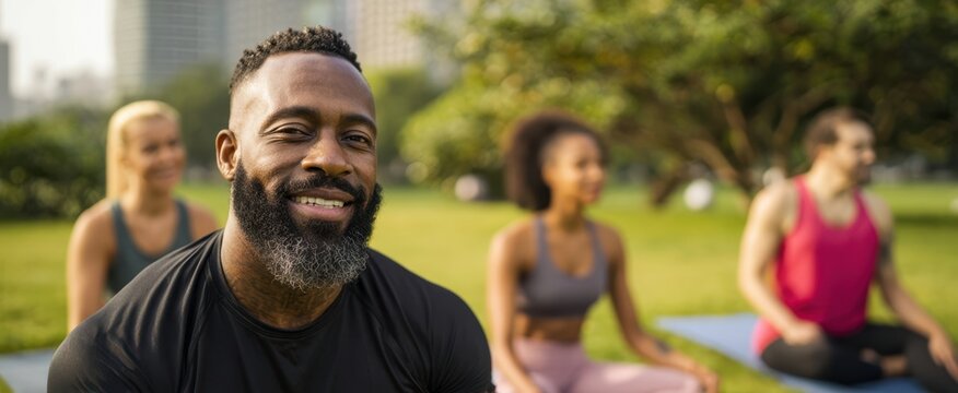 The man leading a relaxed outdoor yoga session in a sunny urban park