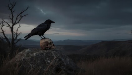 Fototapeta premium Ravens Perch - A Dark Omen on a Skull.