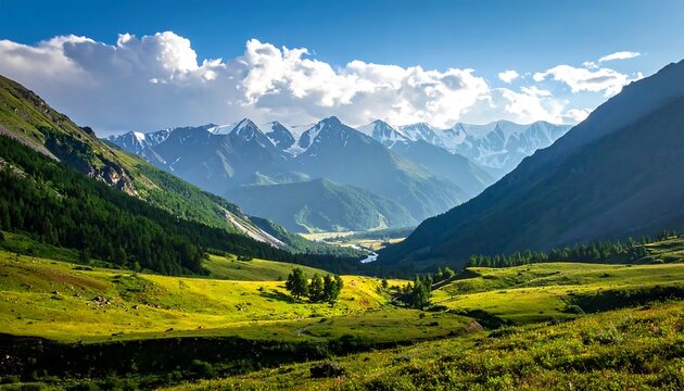 A vast, scenic landscape of verdant mountains opens to a distant, snow-capped range under a cloudy, blue sky. Green valleys lead the eye - Powered by Adobe