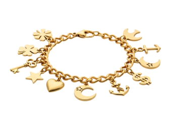 Gold charm bracelet with various charms isolated on transparent background