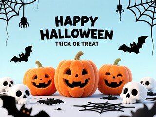 Obraz premium Happy Halloween scene with smiling jack o lanterns, spooky white skulls, and black bats hanging with spider webs.