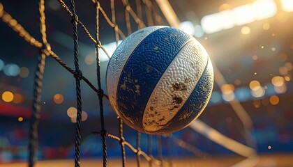 "Close-up of blue and white volleyball in mid-motion against net, with dynamic lighting, particle effects, and blurred stadium background evoking energy and excitement of competitive play."