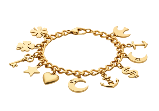 Gold charm bracelet with various charms isolated on transparent background - Powered by Adobe
