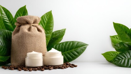 Natural skincare products displayed in a rustic burlap bag and glass jars, surrounded by vibrant green leaves and coffee beans, promoting a fresh and earthy aesthetic.