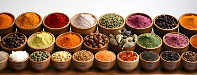 Fototapeta premium Colorful assortment of spices arranged in bowls on a wooden surface at a culinary market during daylight hours