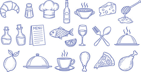 Hand-drawn food icons, restaurant menu, chef's utensils, and various culinary symbols for design