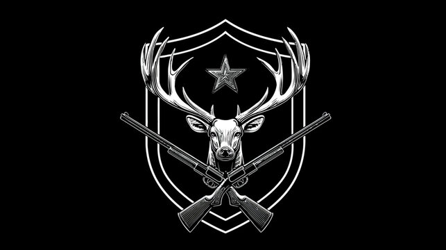 Graphic deer head with crossed shotguns, under star, in crest. White lines on black