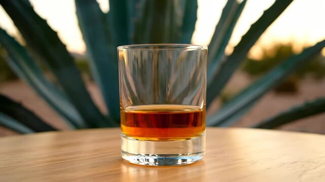 Glass of amber drink on wooden table with green agave plant in desert for beverage commercial footage