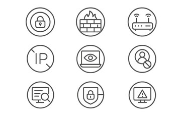 Network Security Icons. Line style round icons of network security: VPN tunnel, network firewall, router icon, IP blocker;