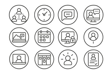 Remote Team Icons. Line style round icons of remote team management: distributed team, timezone icon, async message, video huddle;
