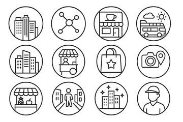 City Tourism Icons. Line style round icons of city tourism: skyline icon, subway map, coffee shop, sightseeing tour; downtown icon