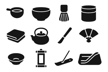 Traditional Tea Tools. Solid style icons of Traditional tea tools: matcha sifter, chawan bowl, chasen stand, tea container, tea