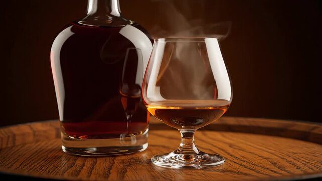 Steaming liquor in a clear glass next to a cognac bottle on a wooden barrel surface, showing warmth and aroma in motion footage.
