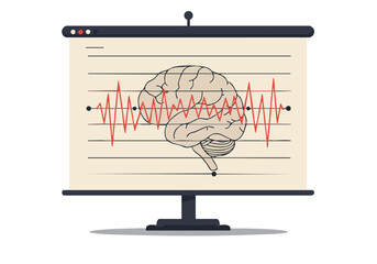 modern illustration depicts a brain with a fluctuating neural wave overlaid on a projector screen displaying the text -Train Your Brain