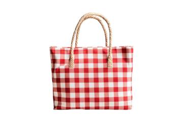 Classic red and white checkered tote bag with rope handles isolated on transparent background