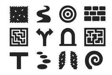 Labyrinth Icon Design. Solid style icons of Labyrinth: trimmed hedge, winding path, central goal, stone wall, maze layout,