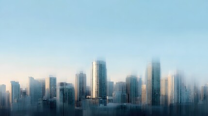Fototapeta premium Softly blurred abstract cityscape skyline featuring tall modern skyscrapers under a gentle blue sky