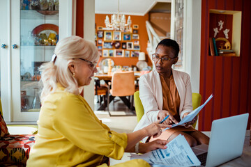 Mature woman consulting with young financial advisor at home