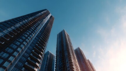Obraz premium Modern glass skyscrapers rise majestically towards a clear blue sky showcasing urban development