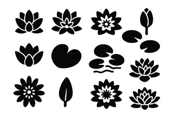 Colorful Water Lily Icons. Solid style icons of Water Lilies: white bloom, pink blossom, yellow flower, unopened bud, cluster of