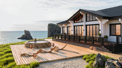 Modern coastal house with wooden terrace and sea view in sunlight.