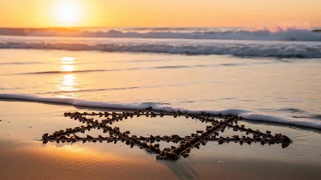 Star shape made of seashells on beach at sunset by ocean waves  