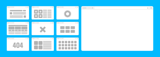 Web browser window, pages layout with toolbar and search field. Modern website, internet page in flat style. Browser mockup for computer, tablet and smartphone. Adaptive UI. Vector illustration.