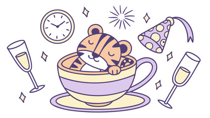Charming SVG of a Sleepy Tiger featuring sitting in a teacup ride, styled in a New Year's Eve/Day theme with New Beginnings hues