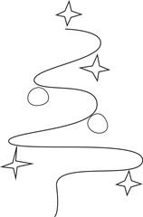 Simple line art Christmas tree with stars and ornaments 