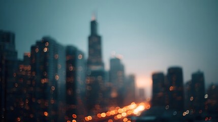 Obraz premium A blurred urban skyline at dusk illuminated by numerous bokeh lights creating a dreamy atmosphere