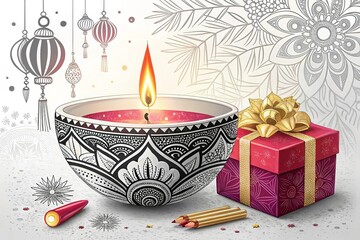 Diwali artwork featuring single diya symbolizing light hope and purity.