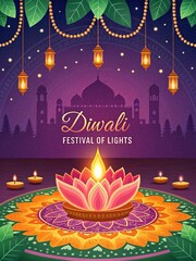 Diwali festival illustration featuring glowing diyas vibrant lights and festive joy.