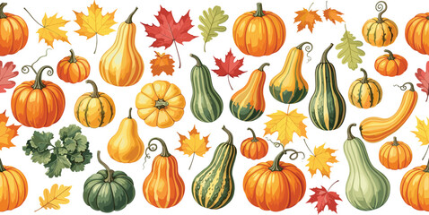 Harvest Celebration A Vibrant Autumnal Composition of Pumpkins, Gourds, and Leafy Delights for all your projects!