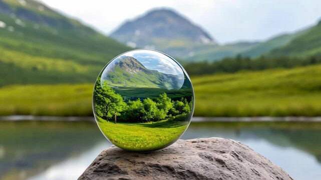 Landscape crystal ball reflection of mountain valley lake and forest vivid green nature, serene summer scenery with glass sphere rock, meadow