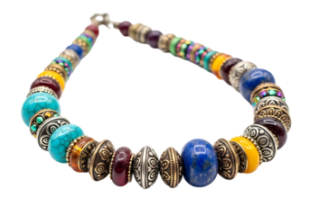 Colorful beaded necklace isolated on transparent background, a vibrant and unique design