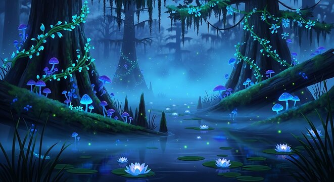 Ethereal Blue Forest Swamp - Glowing Mushrooms, Vines, and Luminous Water Lilies in Misty Fantasy Landscape. - Powered by Adobe
