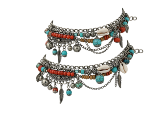 Bohemian anklets isolated on transparent background, a pair of stylish and trendy accessories