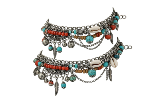 Bohemian anklets isolated on transparent background, a pair of stylish and trendy accessories