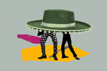 Trendy art creative full zine photo collage of two anonym female male legs bodyless mexican sombrero hat carnival summer holiday