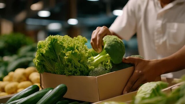 Food selection by a worker restocking fresh produce, ensuring healthy eating and food choice in a retail supermarket. Cardboard box nearby, paper label on vegetable, store aisle beeps.
