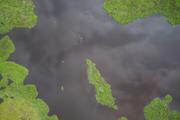 Aerial view of flooded rice fields, irrigation canals, and expanding urban settlements in Sungai Penuh, Jambi, Indonesia. Showing urban sprawl, farmland conversion, and environmental landscape.