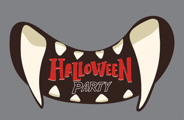 Retro style Halloween party banner with large pixel-art fangs and  a solid gray background. Playful and graphic design.