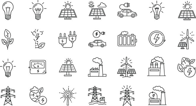 Energy icon set, electricity symbols, renewable power visuals, eco-friendly technology, CAD drawing, vector illustration, solar panel, battery, wind turbine, electric car