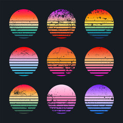 Grunge vintage colorful sunset. Striped gradient sunrise badges in 80s and 90s style. Sun and ocean view, summer vibes, surfing. Design element for print, logo or t-shirt. Vector illustration.