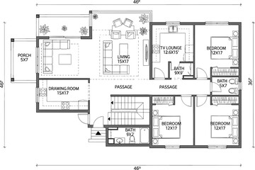 House layout, architectural floor plan, bedroom dimensions, drawing room design, TV lounge, CAD drawing, vector illustration, bathroom plan, staircase area, porch view