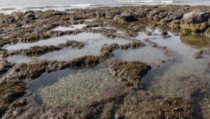 Rocky tide pools reflect clear sky, revealing submerged textures & marine life